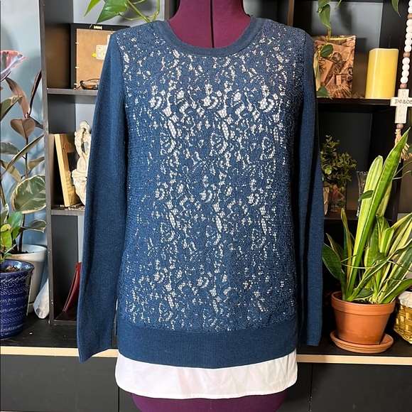 Simply Vera Vera Wang Sweaters - Simply Vera Vera Wang Blue Crew Neck Sweater with Lace Overlay